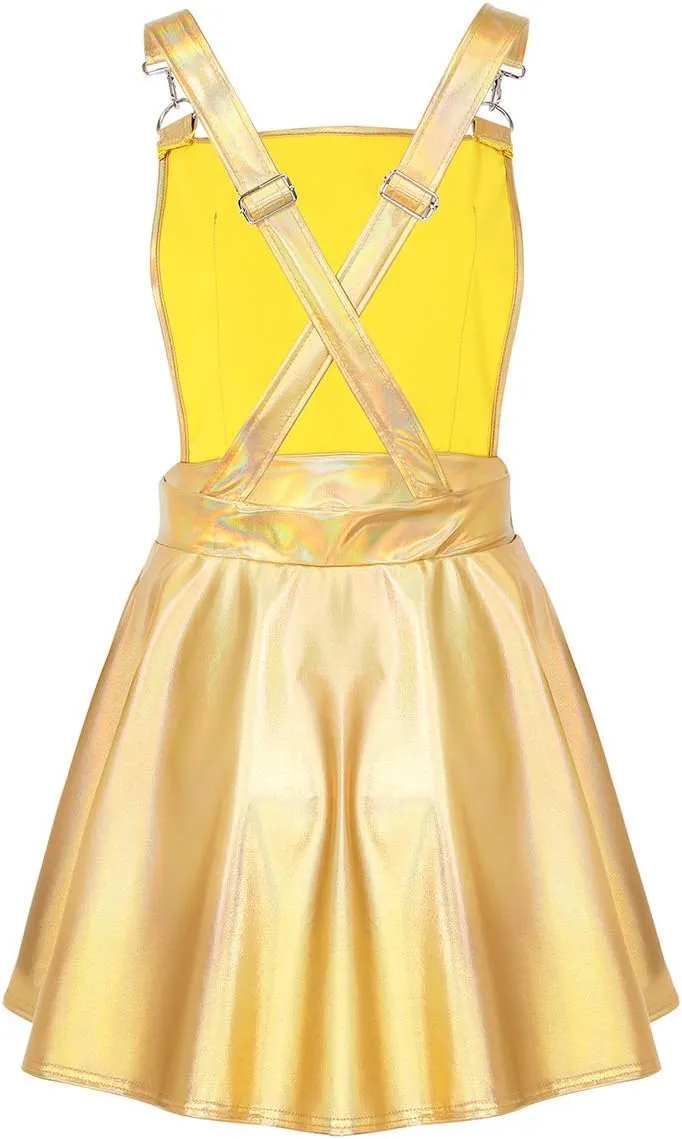 Womens Shiny Metallic Holographic A-Lined Pleated Dress Crossback Mini Suspender Skirts
