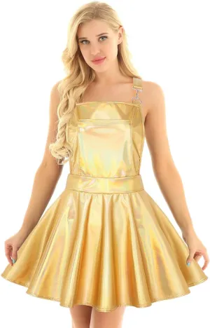 Womens Shiny Metallic Holographic A-Lined Pleated Dress Crossback Mini Suspender Skirts