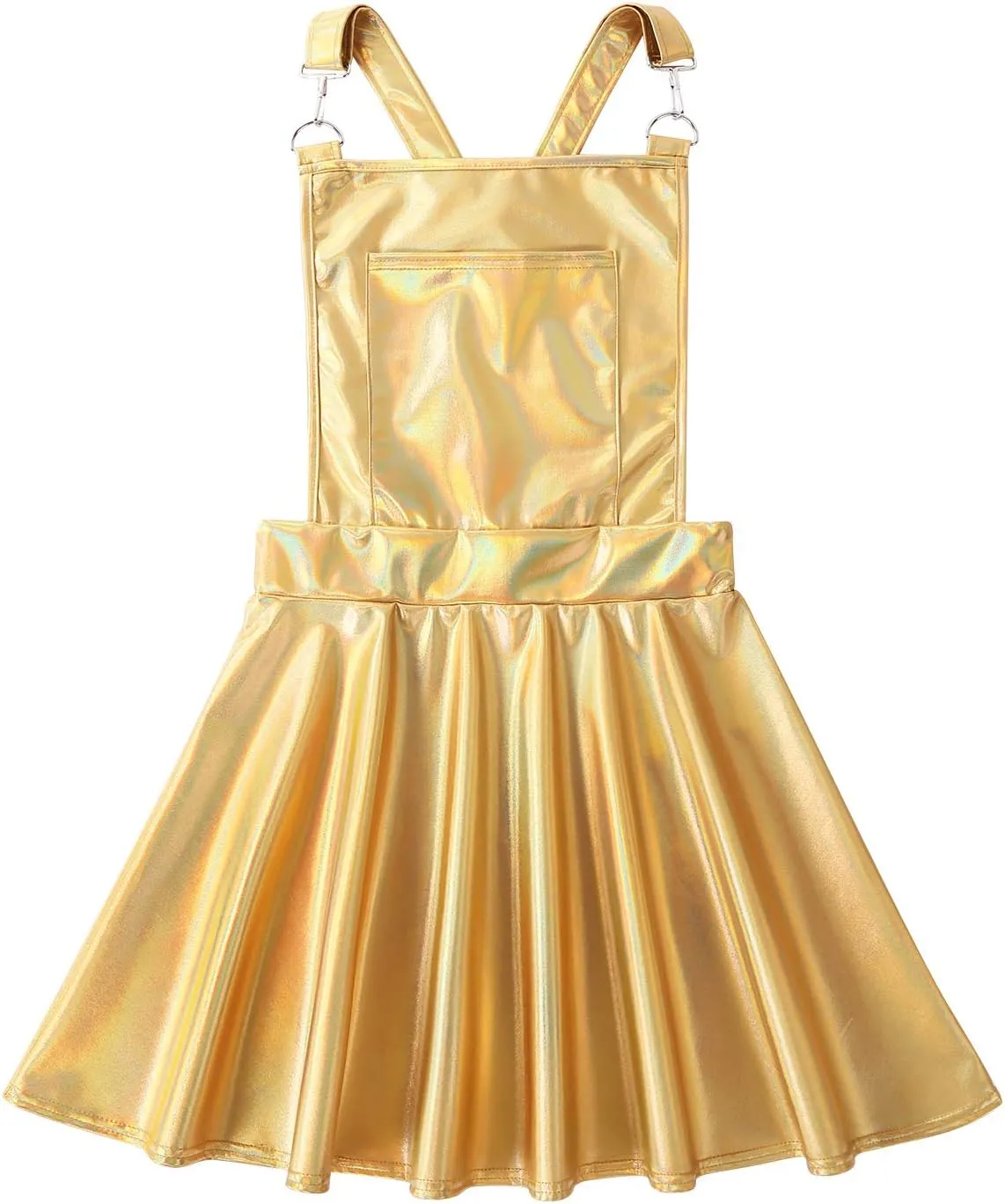 Womens Shiny Metallic Holographic A-Lined Pleated Dress Crossback Mini Suspender Skirts