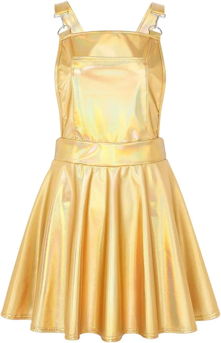 Womens Shiny Metallic Holographic A-Lined Pleated Dress Crossback Mini Suspender Skirts