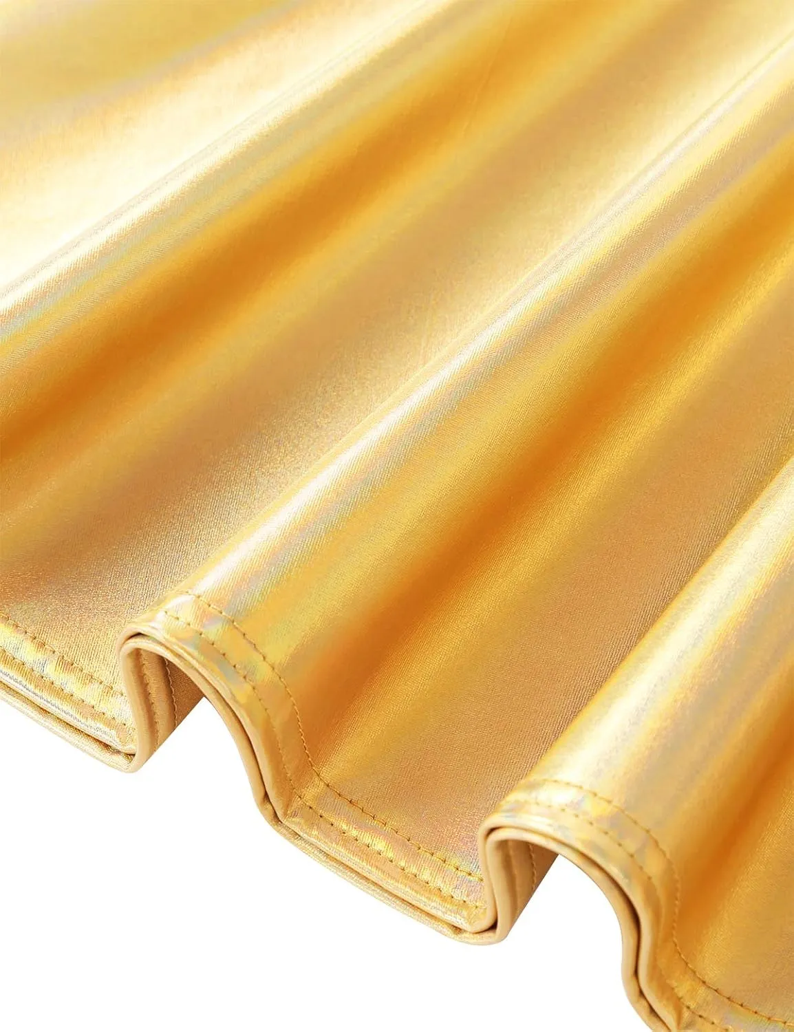 Womens Shiny Metallic Holographic A-Lined Pleated Dress Crossback Mini Suspender Skirts
