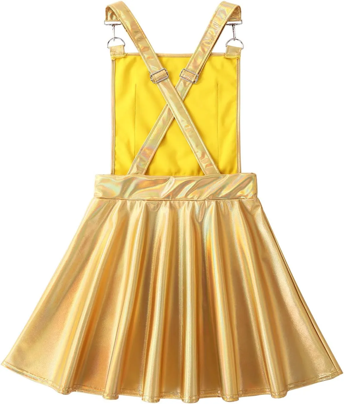 Womens Shiny Metallic Holographic A-Lined Pleated Dress Crossback Mini Suspender Skirts
