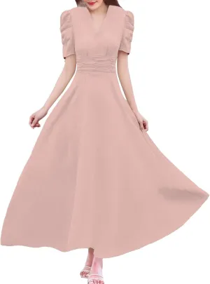 Women's Short Flutter Sleeve Dress High Waist V Neck Puff Sleeve Wedding Guest Pleated Formal Evening Maxi Dresses