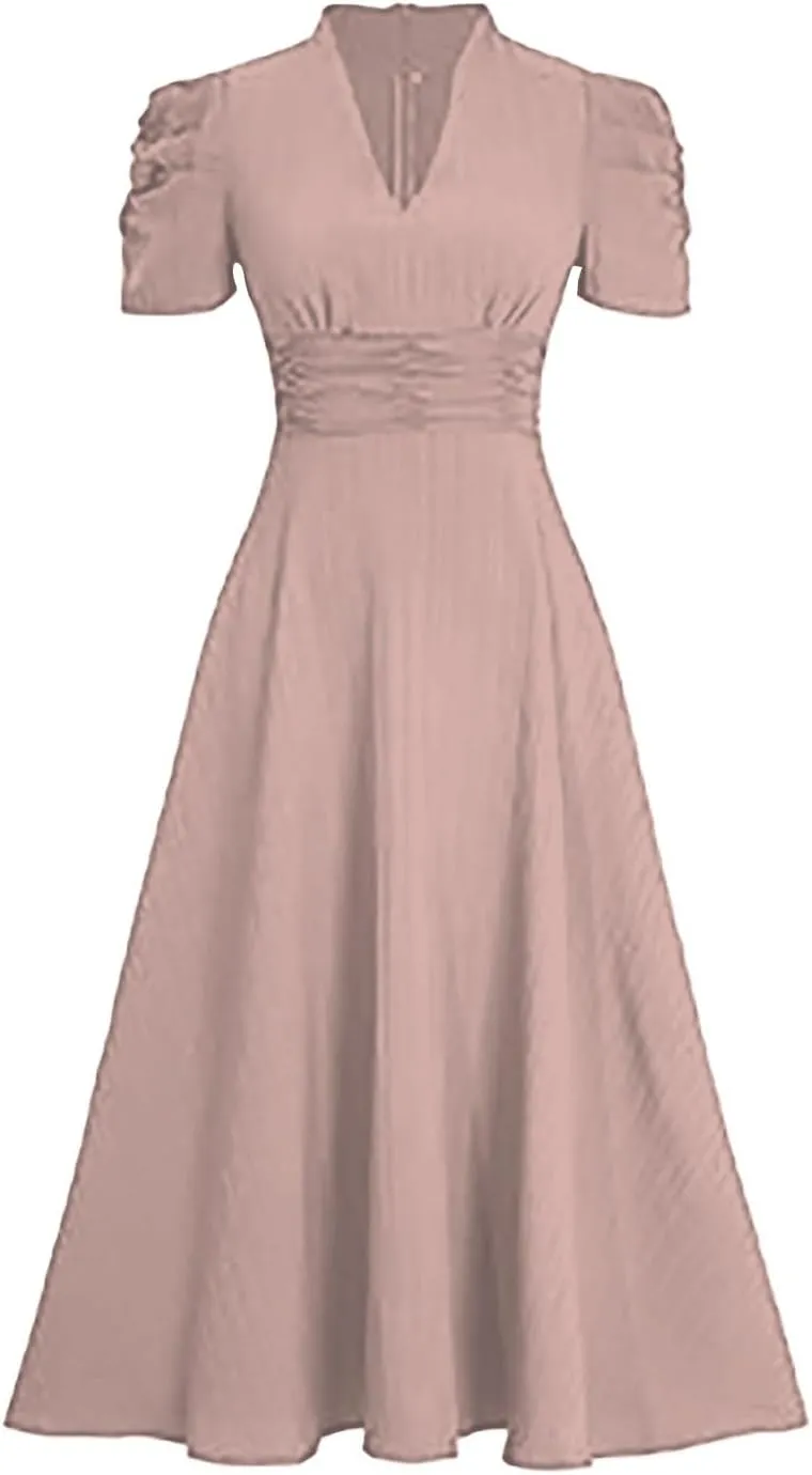 Women's Short Flutter Sleeve Dress High Waist V Neck Puff Sleeve Wedding Guest Pleated Formal Evening Maxi Dresses