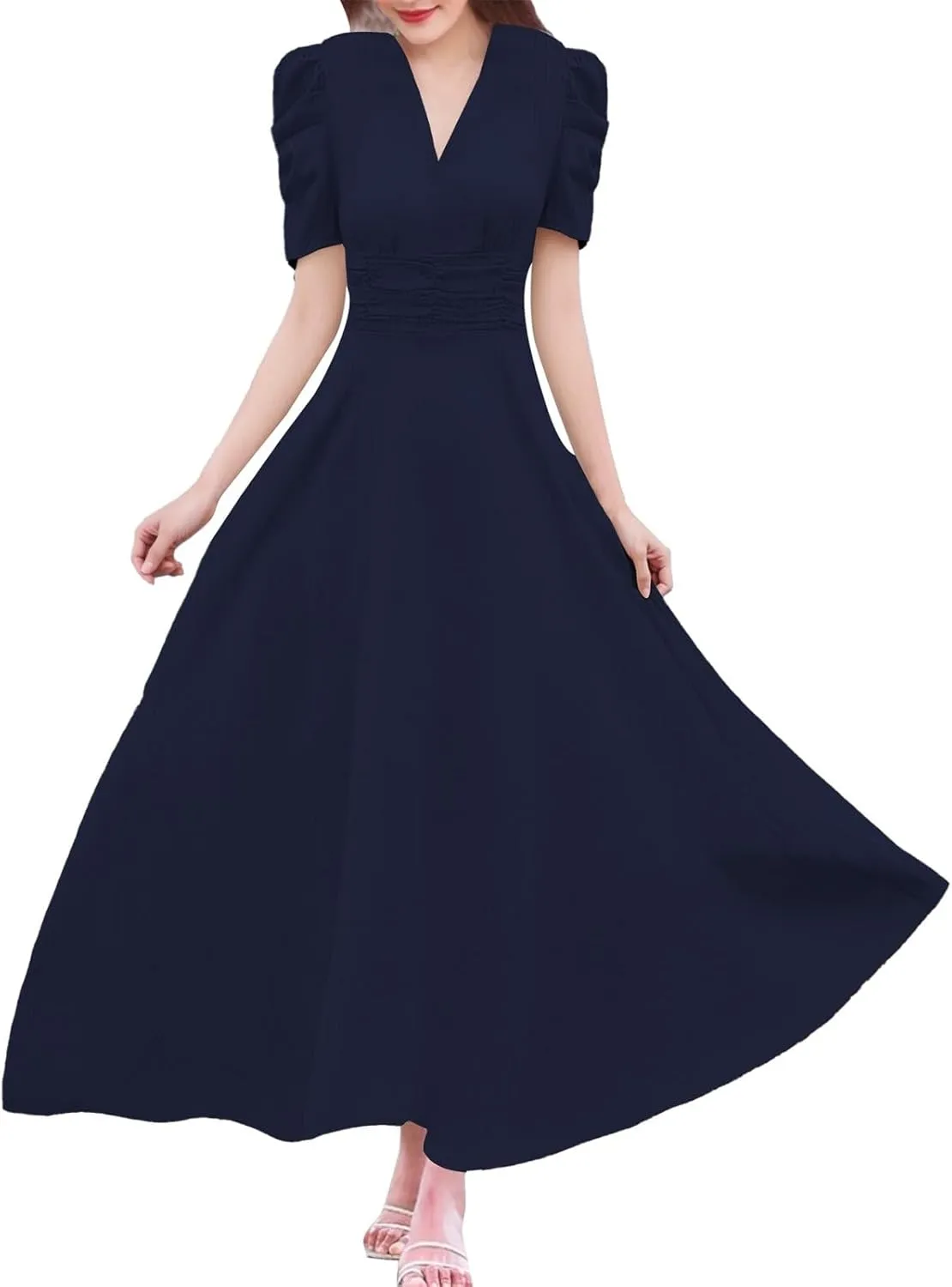 Women's Short Flutter Sleeve Dress High Waist V Neck Puff Sleeve Wedding Guest Pleated Formal Evening Maxi Dresses