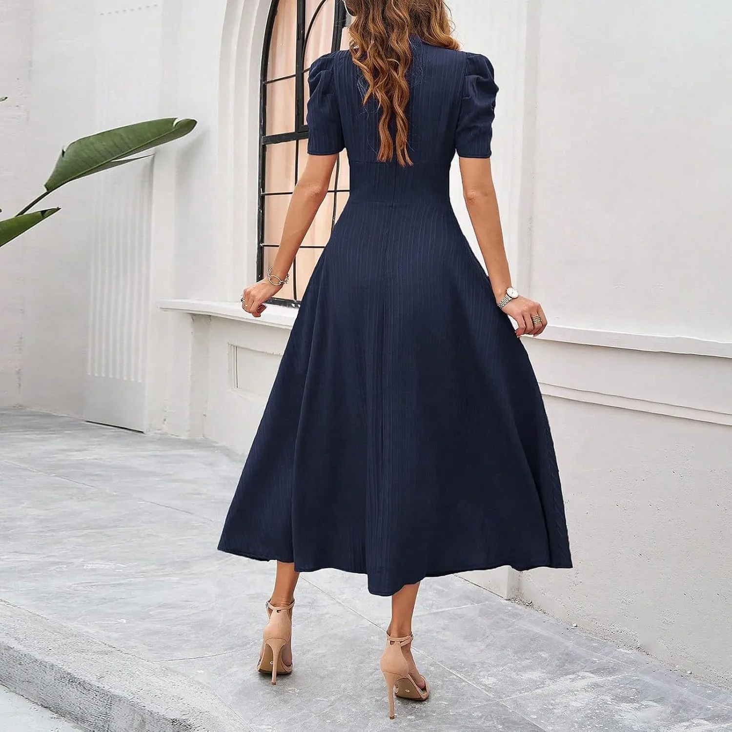 Women's Short Flutter Sleeve Dress High Waist V Neck Puff Sleeve Wedding Guest Pleated Formal Evening Maxi Dresses