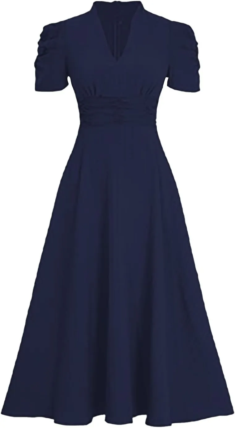 Women's Short Flutter Sleeve Dress High Waist V Neck Puff Sleeve Wedding Guest Pleated Formal Evening Maxi Dresses