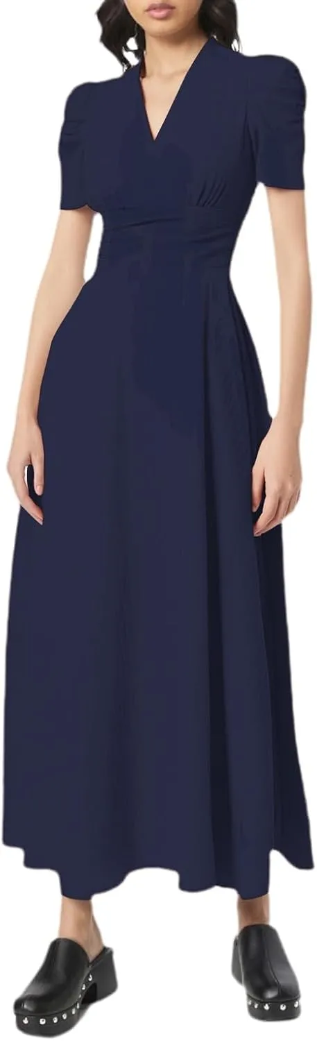 Women's Short Flutter Sleeve Dress High Waist V Neck Puff Sleeve Wedding Guest Pleated Formal Evening Maxi Dresses