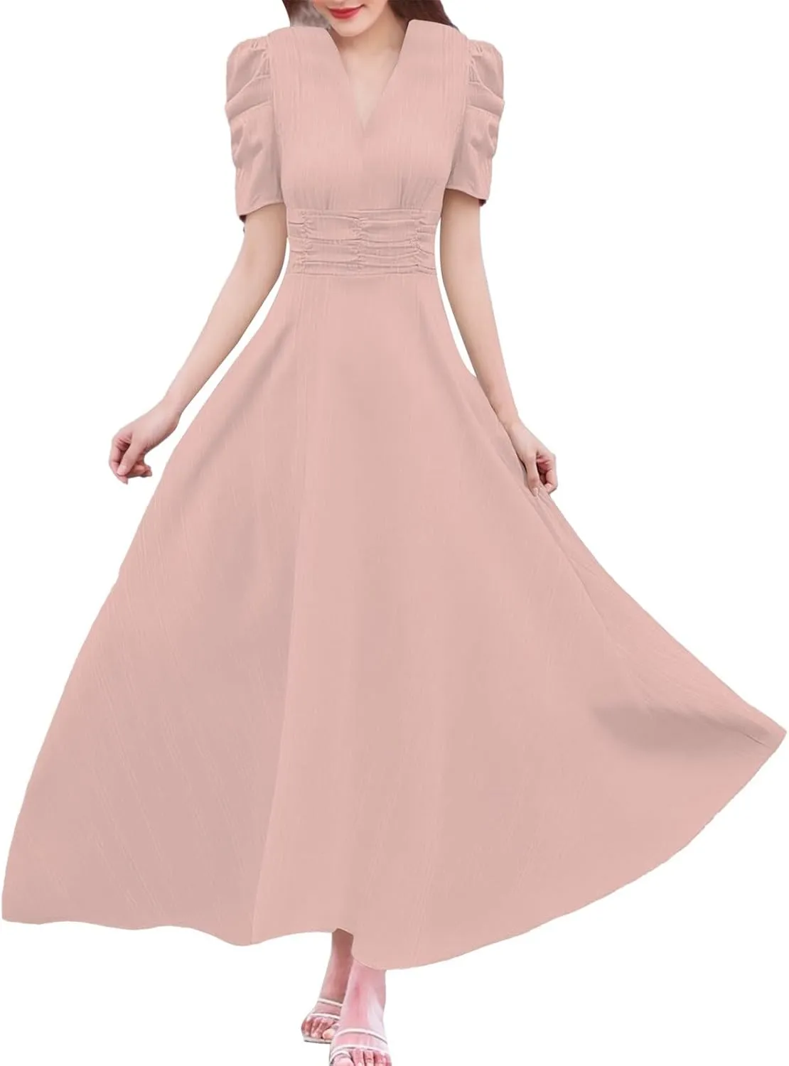 Women's Short Flutter Sleeve Dress High Waist V Neck Puff Sleeve Wedding Guest Pleated Formal Evening Maxi Dresses