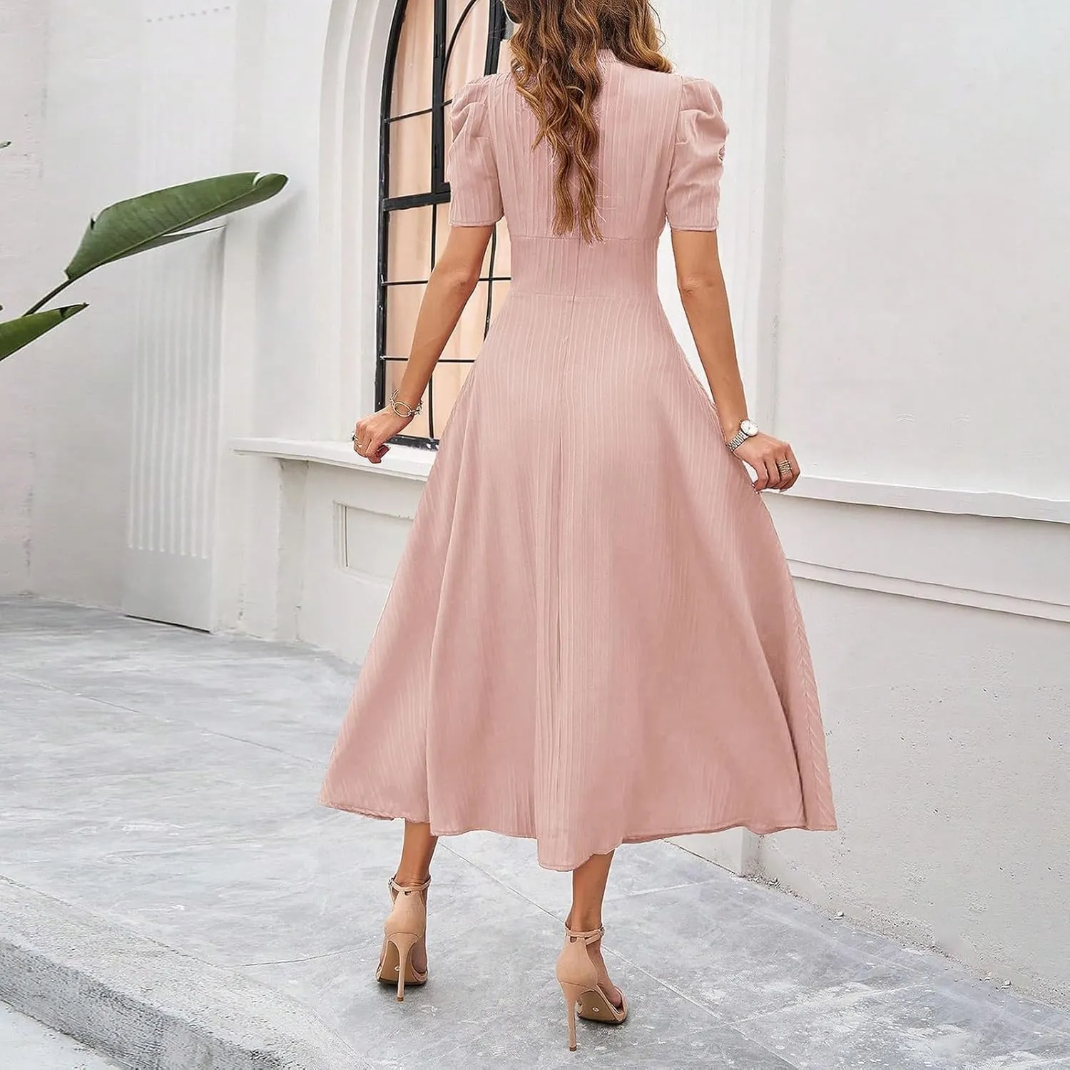 Women's Short Flutter Sleeve Dress High Waist V Neck Puff Sleeve Wedding Guest Pleated Formal Evening Maxi Dresses