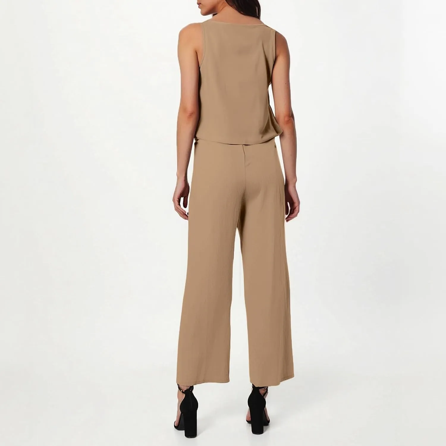 Women's Summer 2 Piece Outfits Set Round Neck Sleeveless Tank Crop Top Wide Leg Pants Suit with Pockets Linen Sets