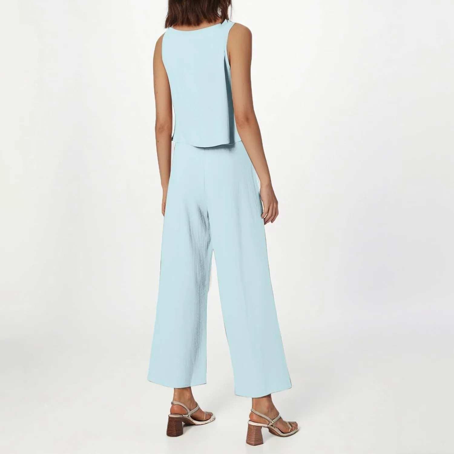 Women's Summer 2 Piece Outfits Set Round Neck Sleeveless Tank Crop Top Wide Leg Pants Suit with Pockets Linen Sets