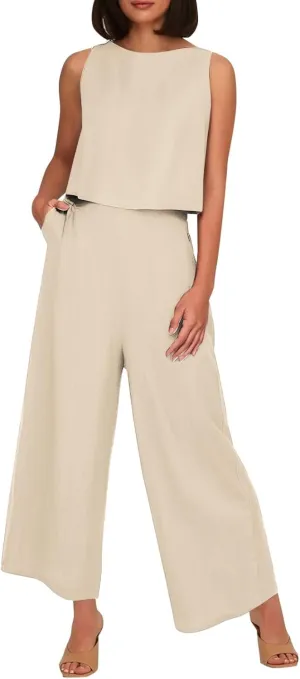 Women's Summer 2 Piece Outfits Set Round Neck Sleeveless Tank Crop Top Wide Leg Pants Suit with Pockets Linen Sets