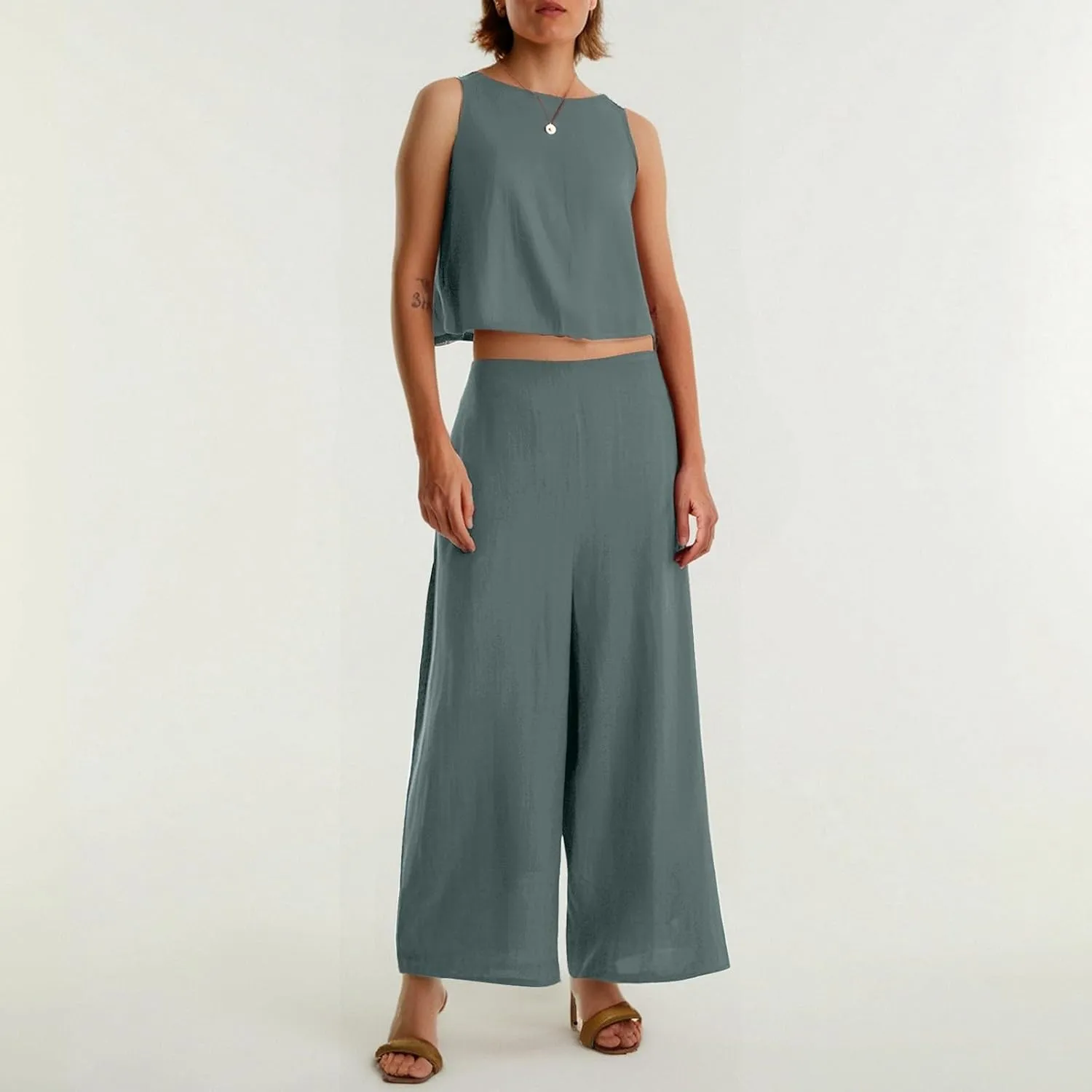Women's Summer 2 Piece Outfits Set Round Neck Sleeveless Tank Crop Top Wide Leg Pants Suit with Pockets Linen Sets