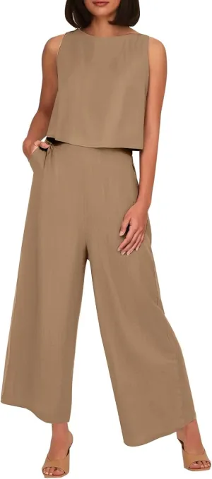 Women's Summer 2 Piece Outfits Set Round Neck Sleeveless Tank Crop Top Wide Leg Pants Suit with Pockets Linen Sets