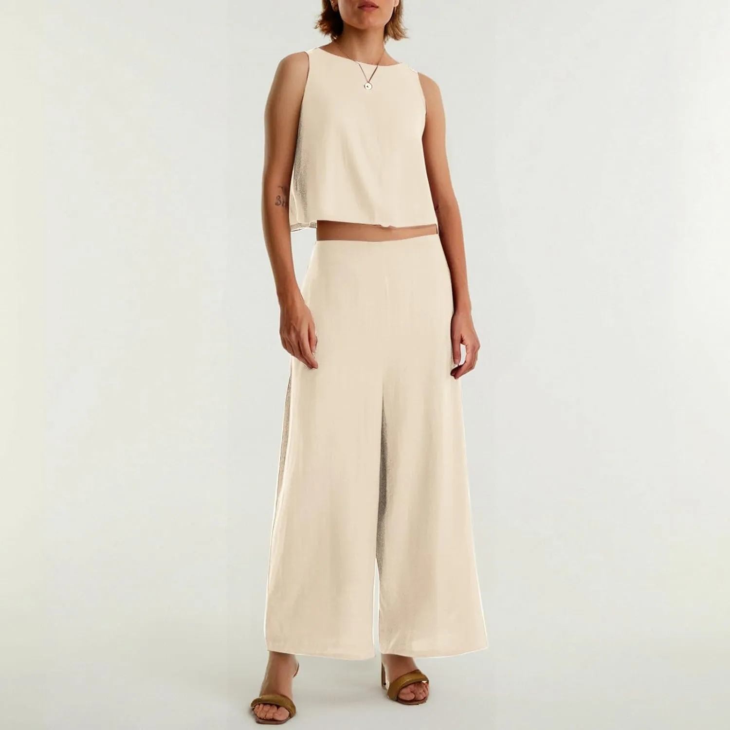 Women's Summer 2 Piece Outfits Set Round Neck Sleeveless Tank Crop Top Wide Leg Pants Suit with Pockets Linen Sets