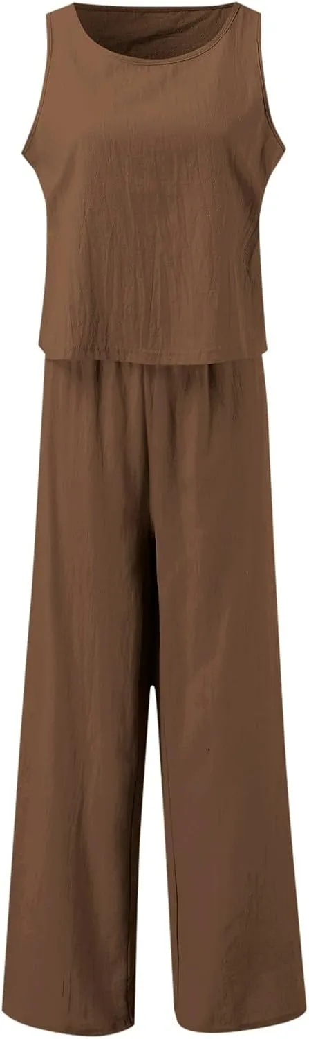Women's Summer 2 Piece Outfits Set Round Neck Sleeveless Tank Crop Top Wide Leg Pants Suit with Pockets Linen Sets