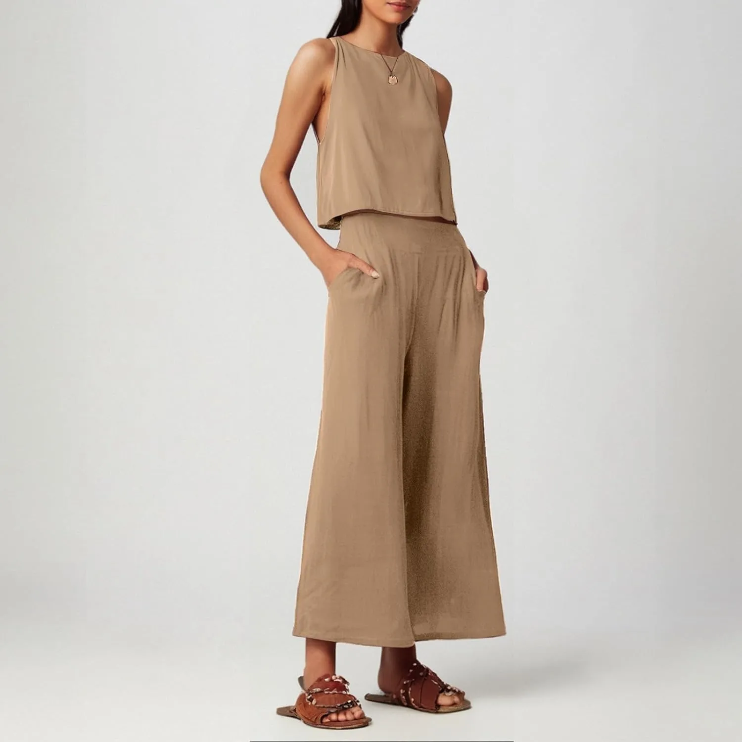 Women's Summer 2 Piece Outfits Set Round Neck Sleeveless Tank Crop Top Wide Leg Pants Suit with Pockets Linen Sets