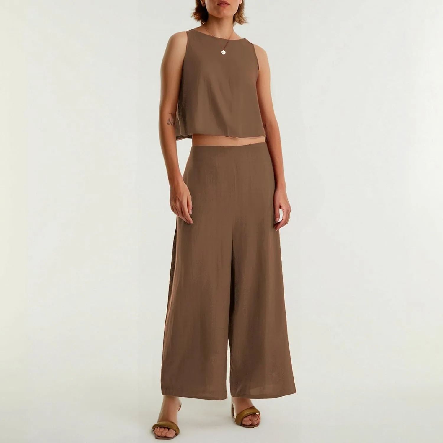 Women's Summer 2 Piece Outfits Set Round Neck Sleeveless Tank Crop Top Wide Leg Pants Suit with Pockets Linen Sets