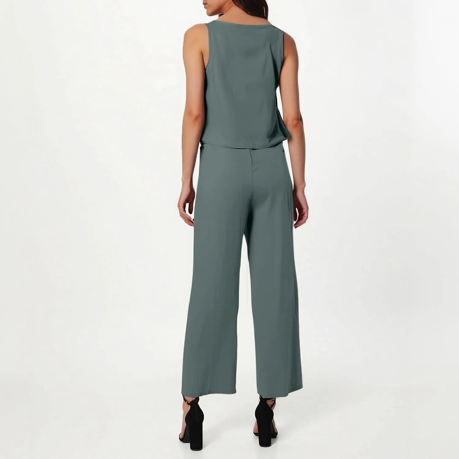 Women's Summer 2 Piece Outfits Set Round Neck Sleeveless Tank Crop Top Wide Leg Pants Suit with Pockets Linen Sets