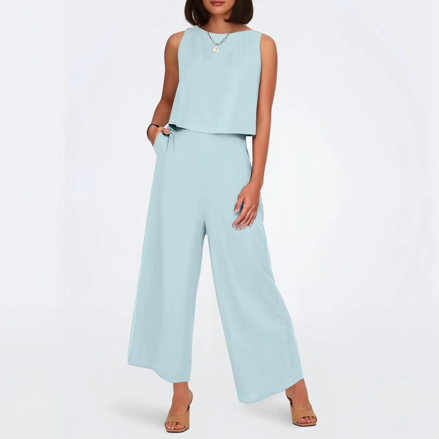Women's Summer 2 Piece Outfits Set Round Neck Sleeveless Tank Crop Top Wide Leg Pants Suit with Pockets Linen Sets