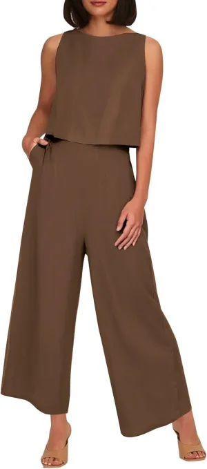 Women's Summer 2 Piece Outfits Set Round Neck Sleeveless Tank Crop Top Wide Leg Pants Suit with Pockets Linen Sets