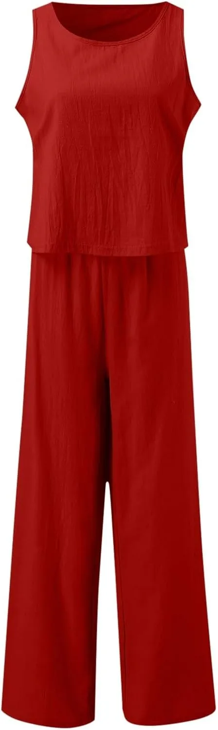 Women's Summer 2 Piece Outfits Set Round Neck Sleeveless Tank Crop Top Wide Leg Pants Suit with Pockets Linen Sets