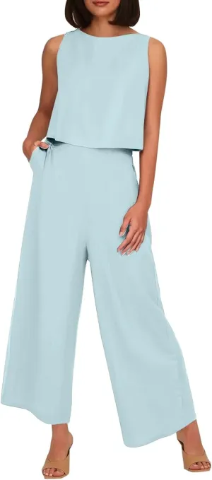 Women's Summer 2 Piece Outfits Set Round Neck Sleeveless Tank Crop Top Wide Leg Pants Suit with Pockets Linen Sets