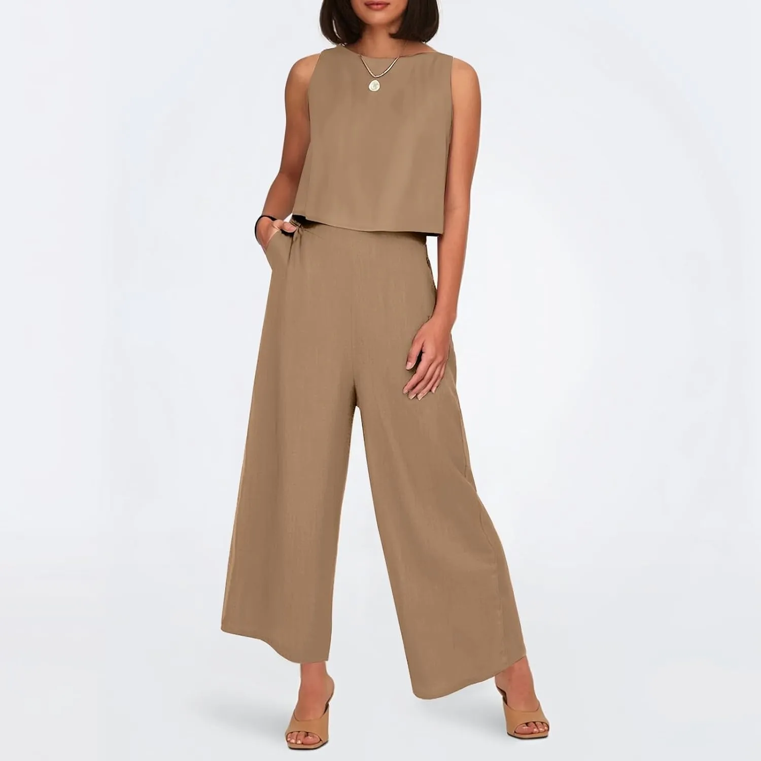 Women's Summer 2 Piece Outfits Set Round Neck Sleeveless Tank Crop Top Wide Leg Pants Suit with Pockets Linen Sets