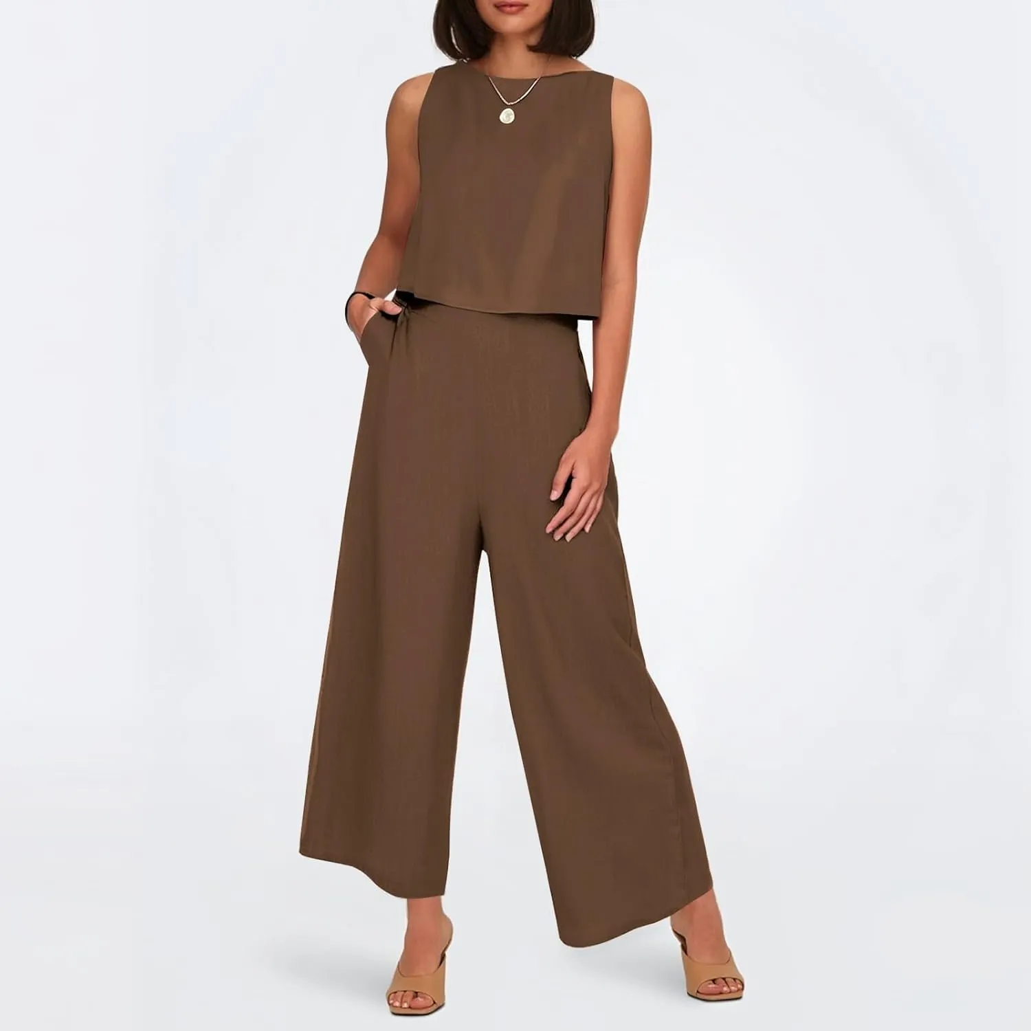 Women's Summer 2 Piece Outfits Set Round Neck Sleeveless Tank Crop Top Wide Leg Pants Suit with Pockets Linen Sets