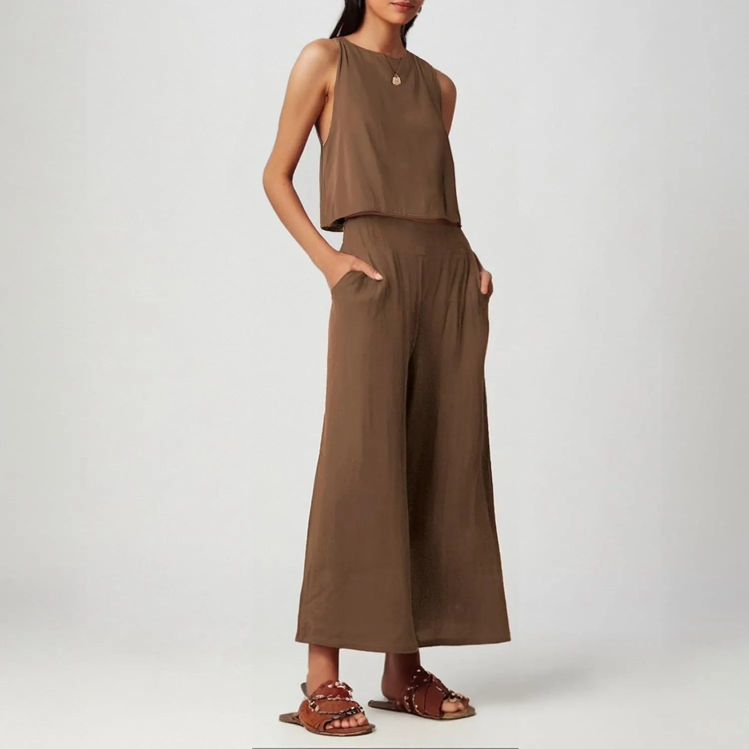 Women's Summer 2 Piece Outfits Set Round Neck Sleeveless Tank Crop Top Wide Leg Pants Suit with Pockets Linen Sets
