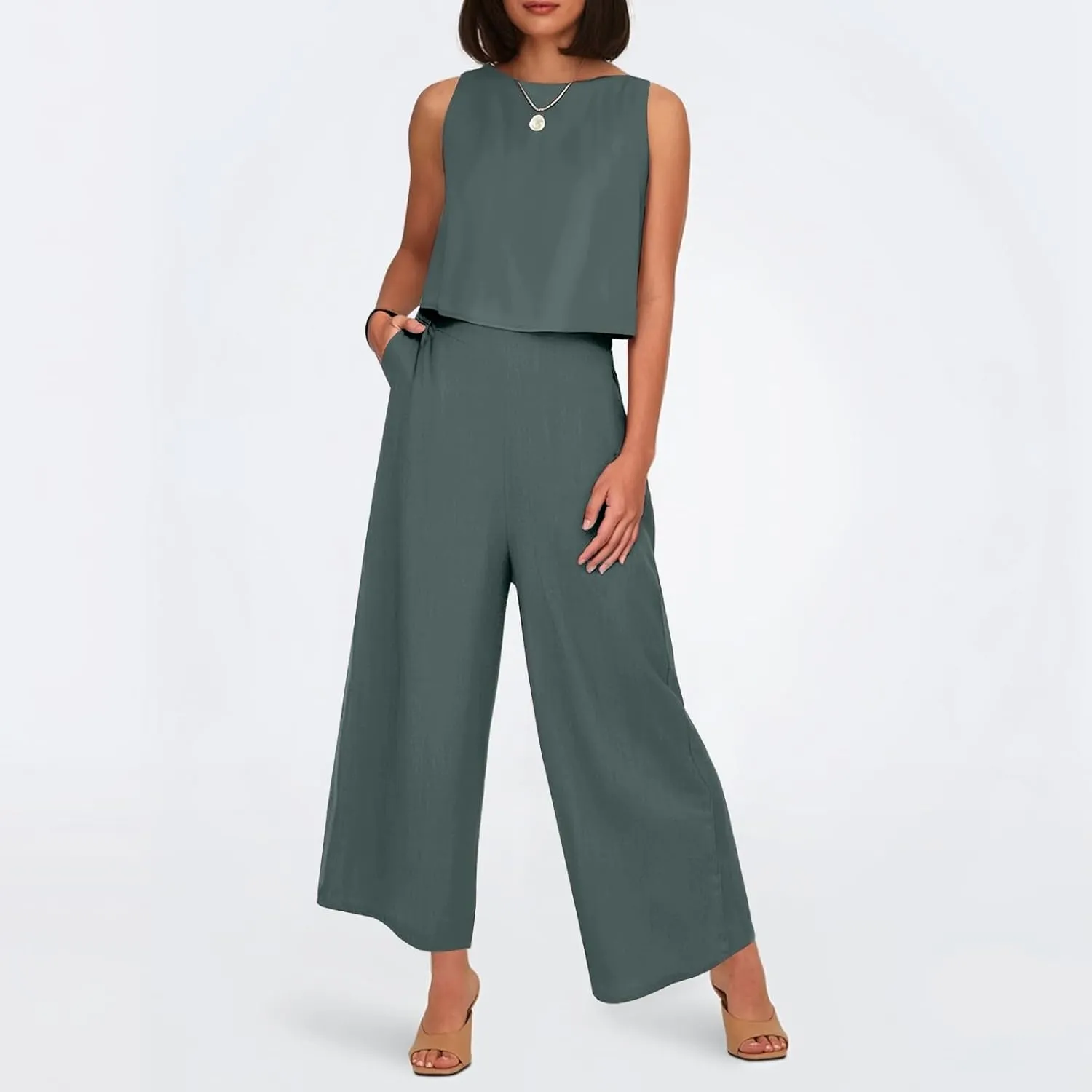 Women's Summer 2 Piece Outfits Set Round Neck Sleeveless Tank Crop Top Wide Leg Pants Suit with Pockets Linen Sets