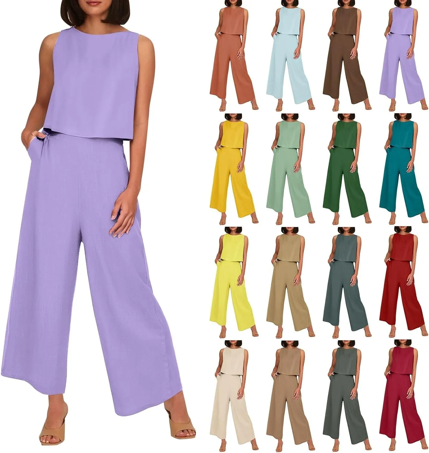 Women's Summer 2 Piece Outfits Set Round Neck Sleeveless Tank Crop Top Wide Leg Pants Suit with Pockets Linen Sets