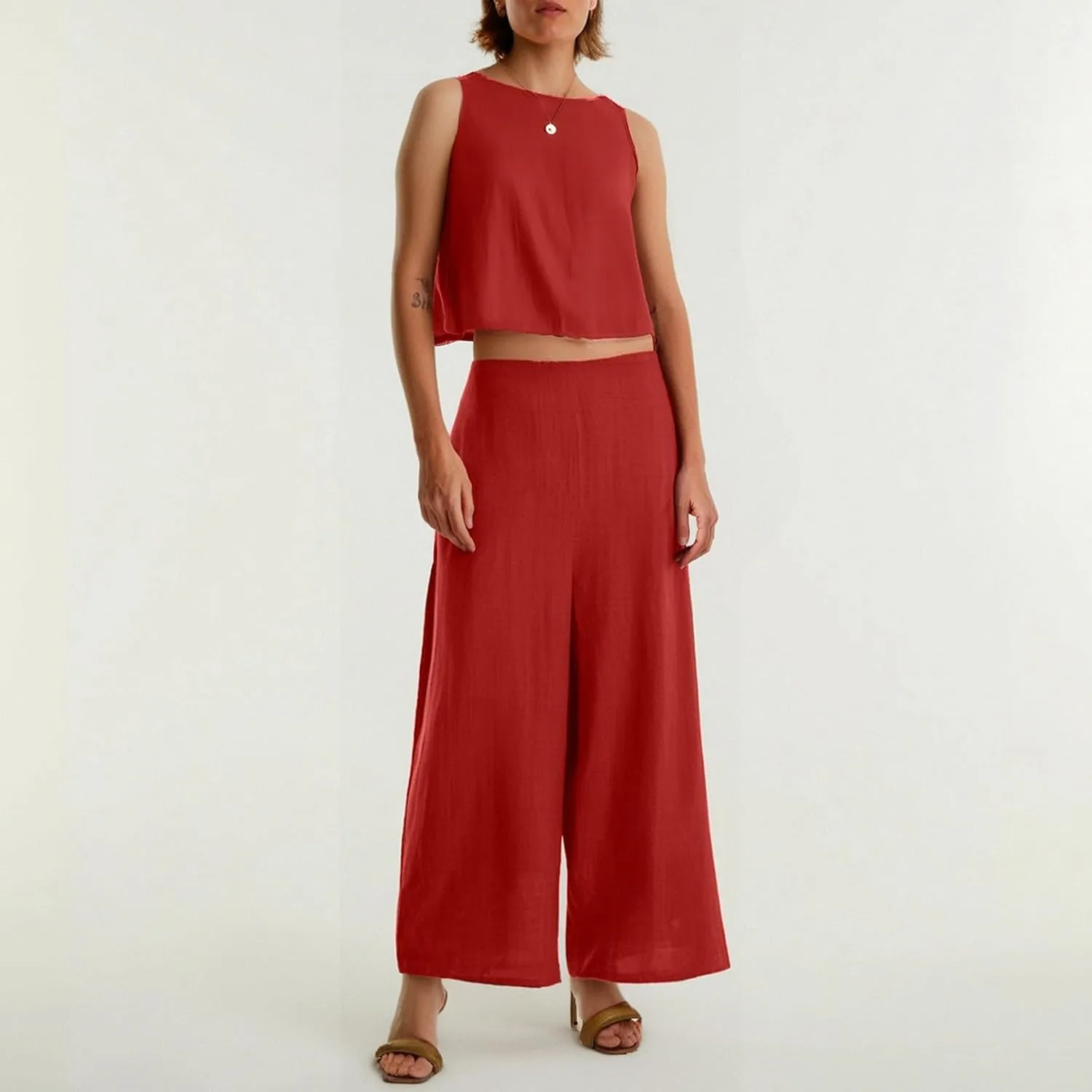 Women's Summer 2 Piece Outfits Set Round Neck Sleeveless Tank Crop Top Wide Leg Pants Suit with Pockets Linen Sets