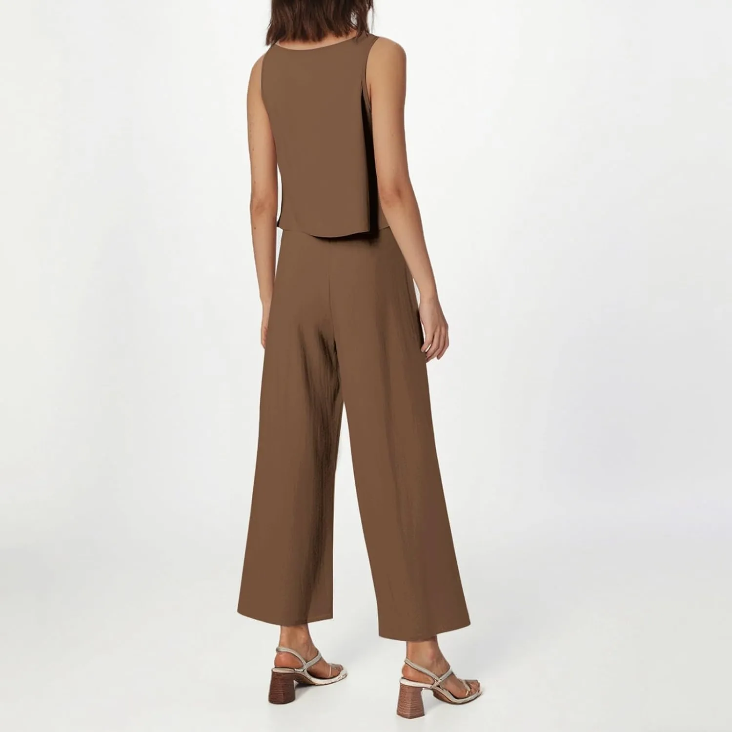 Women's Summer 2 Piece Outfits Set Round Neck Sleeveless Tank Crop Top Wide Leg Pants Suit with Pockets Linen Sets