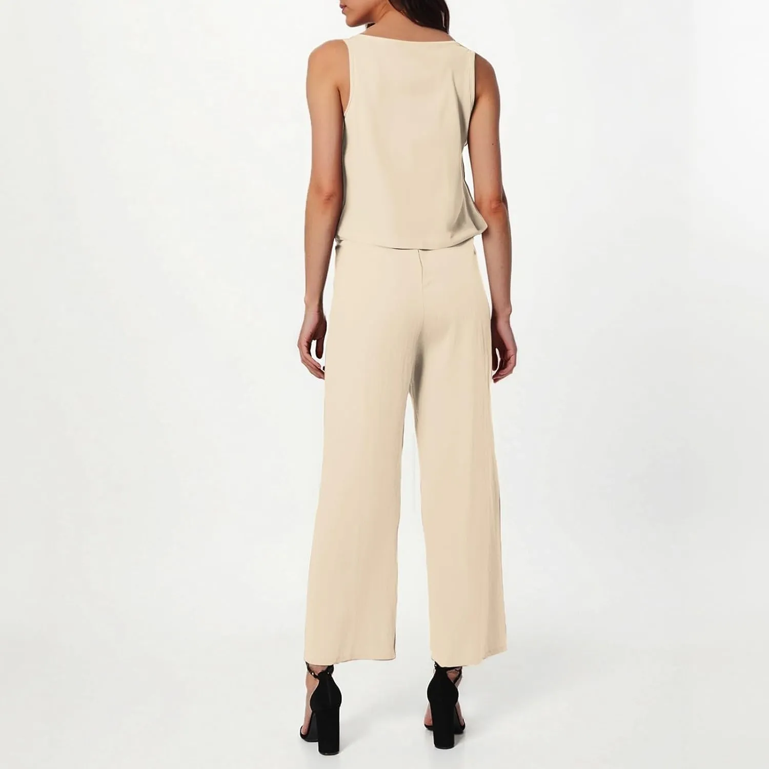 Women's Summer 2 Piece Outfits Set Round Neck Sleeveless Tank Crop Top Wide Leg Pants Suit with Pockets Linen Sets