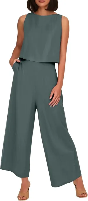 Women's Summer 2 Piece Outfits Set Round Neck Sleeveless Tank Crop Top Wide Leg Pants Suit with Pockets Linen Sets