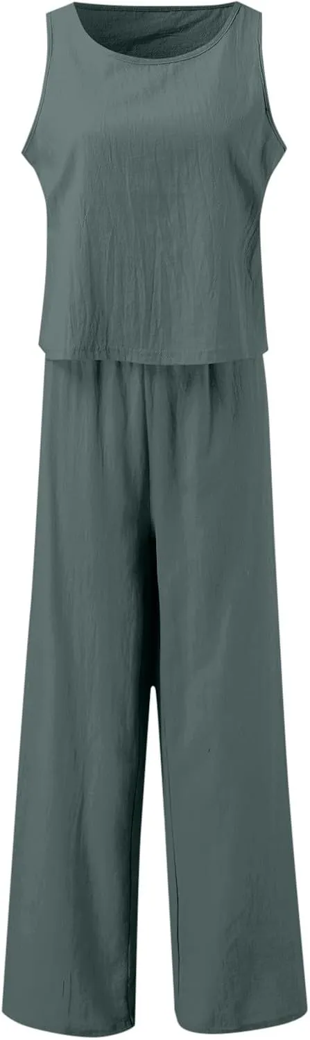 Women's Summer 2 Piece Outfits Set Round Neck Sleeveless Tank Crop Top Wide Leg Pants Suit with Pockets Linen Sets
