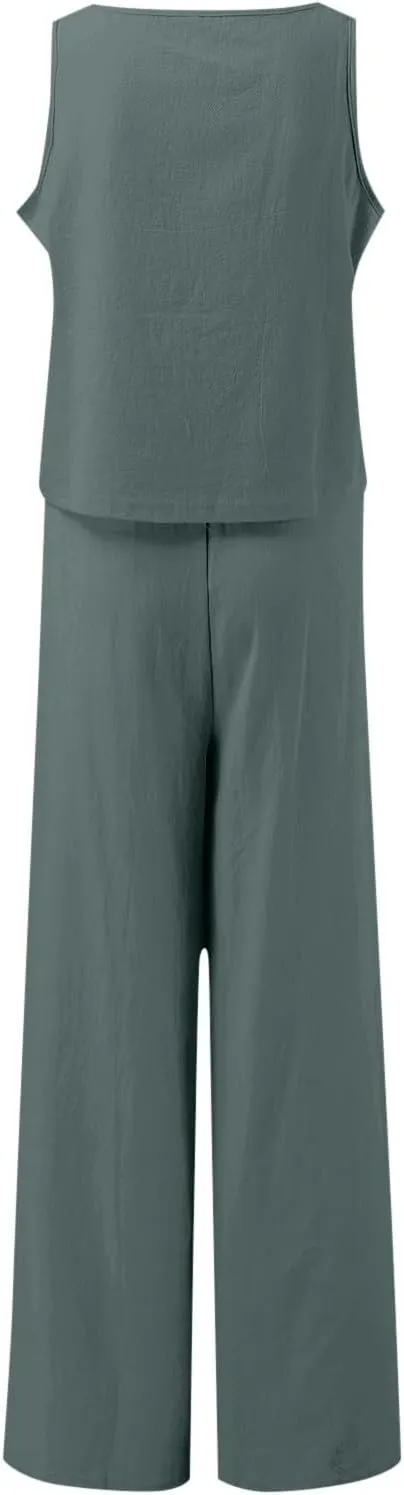 Women's Summer 2 Piece Outfits Set Round Neck Sleeveless Tank Crop Top Wide Leg Pants Suit with Pockets Linen Sets