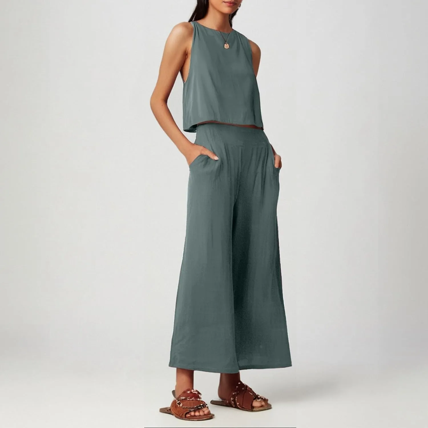 Women's Summer 2 Piece Outfits Set Round Neck Sleeveless Tank Crop Top Wide Leg Pants Suit with Pockets Linen Sets
