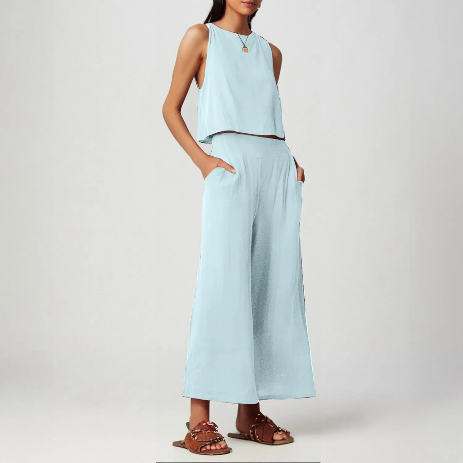Women's Summer 2 Piece Outfits Set Round Neck Sleeveless Tank Crop Top Wide Leg Pants Suit with Pockets Linen Sets