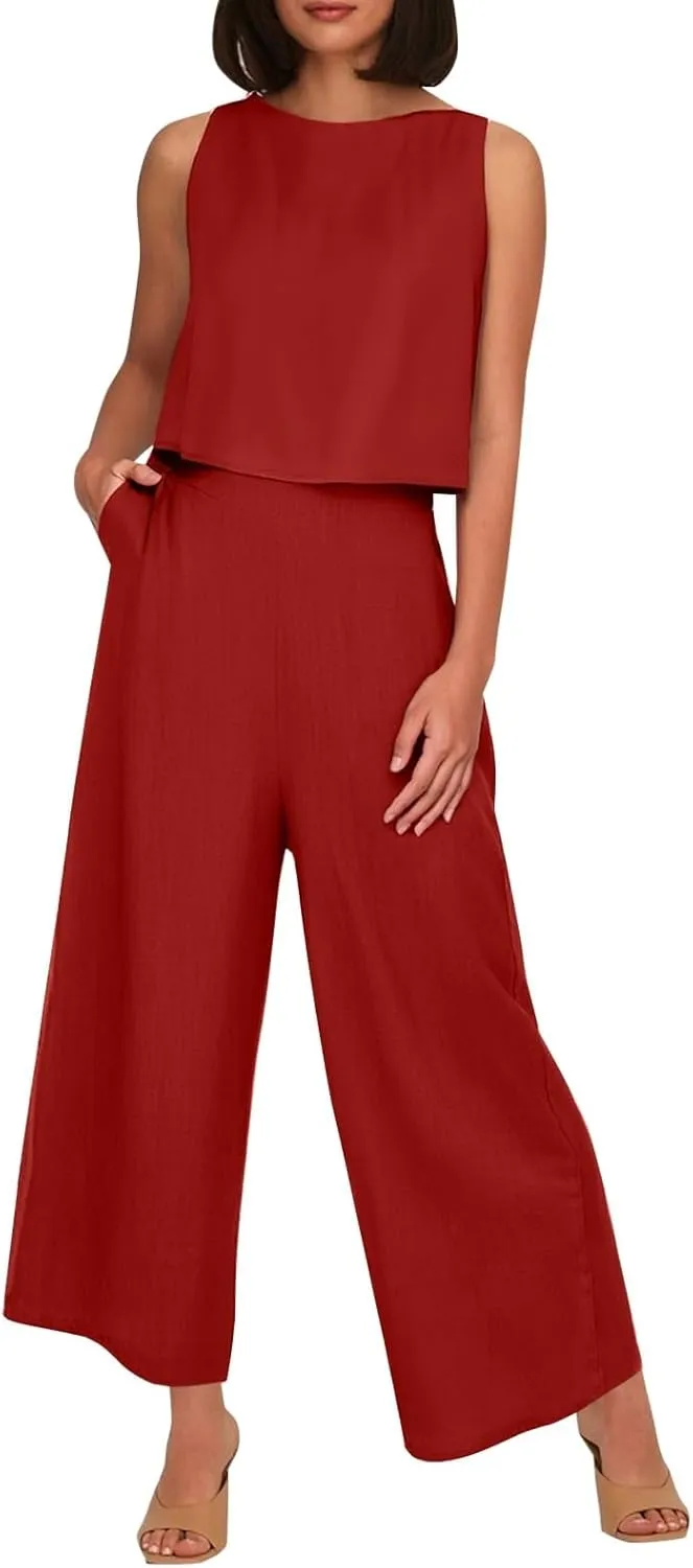 Women's Summer 2 Piece Outfits Set Round Neck Sleeveless Tank Crop Top Wide Leg Pants Suit with Pockets Linen Sets