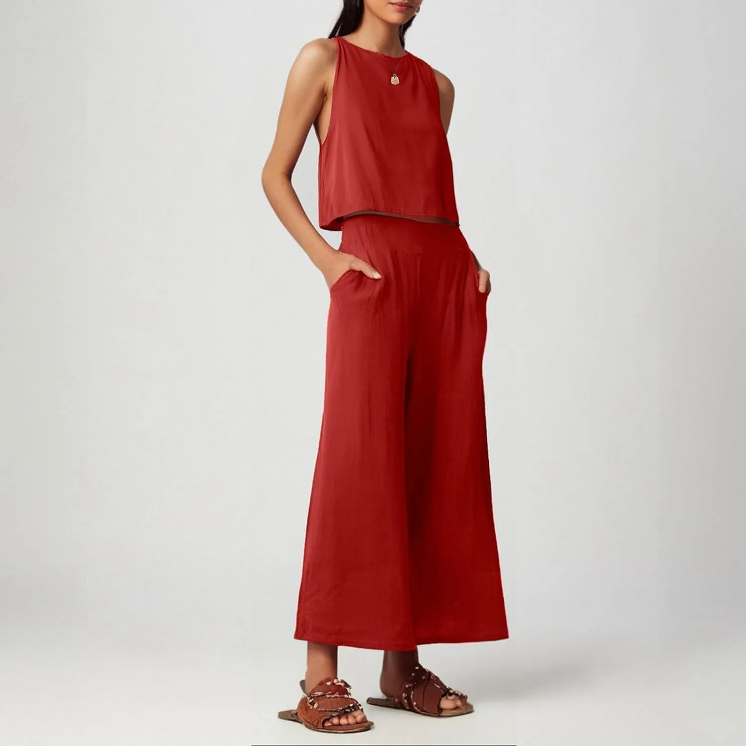 Women's Summer 2 Piece Outfits Set Round Neck Sleeveless Tank Crop Top Wide Leg Pants Suit with Pockets Linen Sets