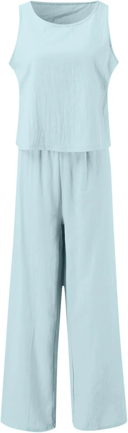 Women's Summer 2 Piece Outfits Set Round Neck Sleeveless Tank Crop Top Wide Leg Pants Suit with Pockets Linen Sets