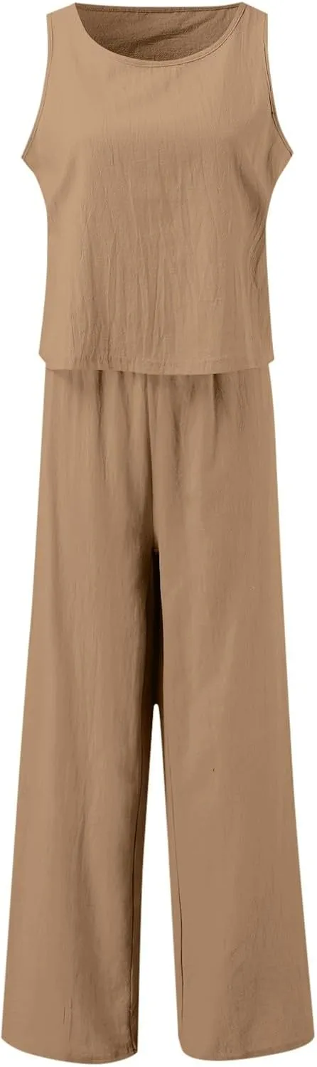 Women's Summer 2 Piece Outfits Set Round Neck Sleeveless Tank Crop Top Wide Leg Pants Suit with Pockets Linen Sets