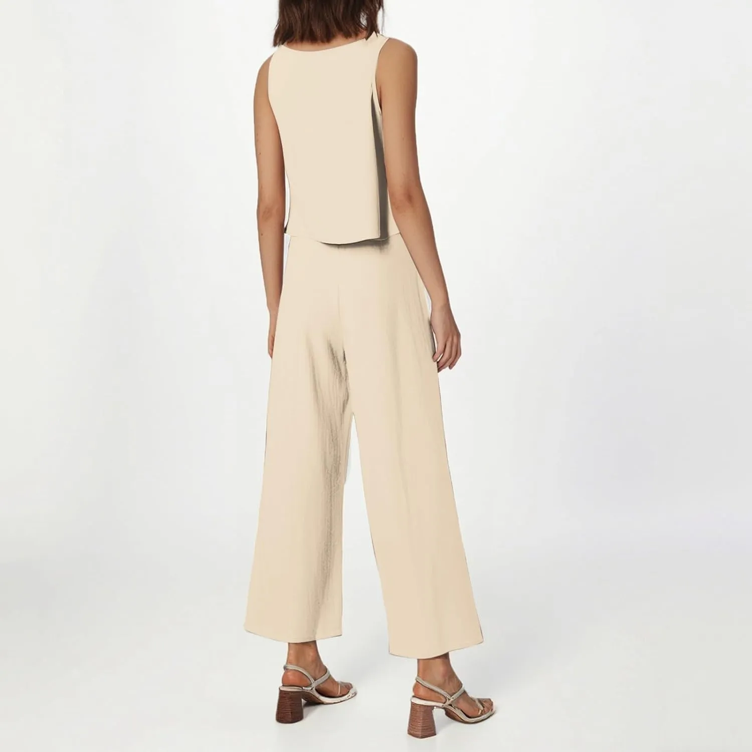 Women's Summer 2 Piece Outfits Set Round Neck Sleeveless Tank Crop Top Wide Leg Pants Suit with Pockets Linen Sets