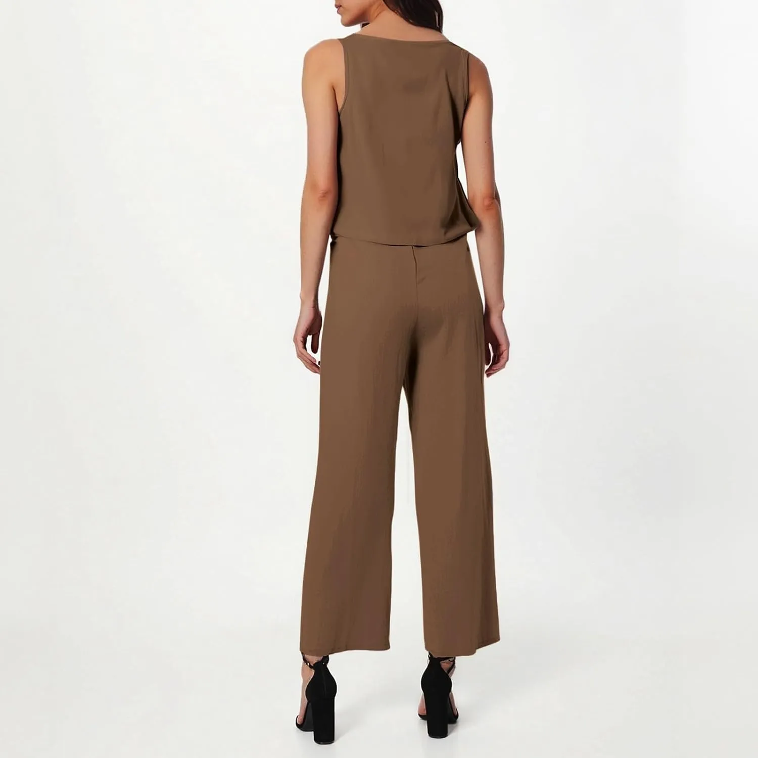 Women's Summer 2 Piece Outfits Set Round Neck Sleeveless Tank Crop Top Wide Leg Pants Suit with Pockets Linen Sets