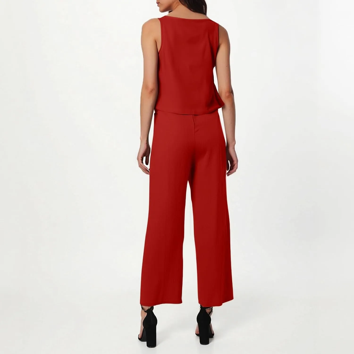 Women's Summer 2 Piece Outfits Set Round Neck Sleeveless Tank Crop Top Wide Leg Pants Suit with Pockets Linen Sets
