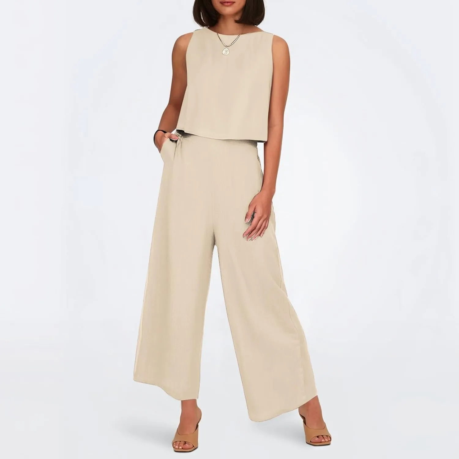 Women's Summer 2 Piece Outfits Set Round Neck Sleeveless Tank Crop Top Wide Leg Pants Suit with Pockets Linen Sets