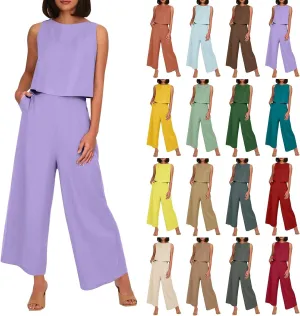 Women's Summer 2 Piece Outfits Set Round Neck Sleeveless Tank Crop Top Wide Leg Pants Suit with Pockets Linen Sets
